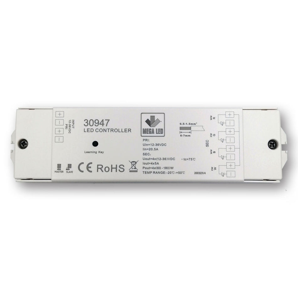 Mega LED - RF Dimmer - RGBW RF Receiver, Constant Voltage Receiver, 4 Channels, 5A Per Channel, 12-36V DC (30947) — Quality Boat Parts