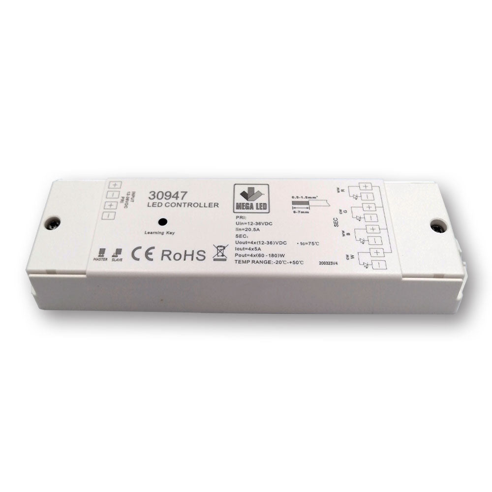 Mega LED - RF Dimmer - RGBW RF Receiver, Constant Voltage Receiver, 4 Channels, 5A Per Channel, 12-36V DC (30947) — Quality Boat Parts