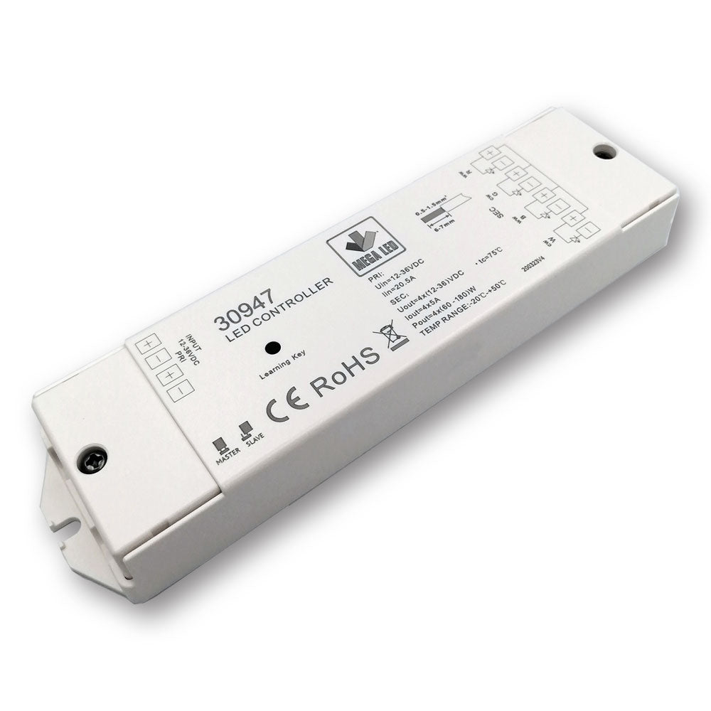 Mega LED - RF Dimmer - RGBW RF Receiver, Constant Voltage Receiver, 4 Channels, 5A Per Channel, 12-36V DC (30947) — Quality Boat Parts