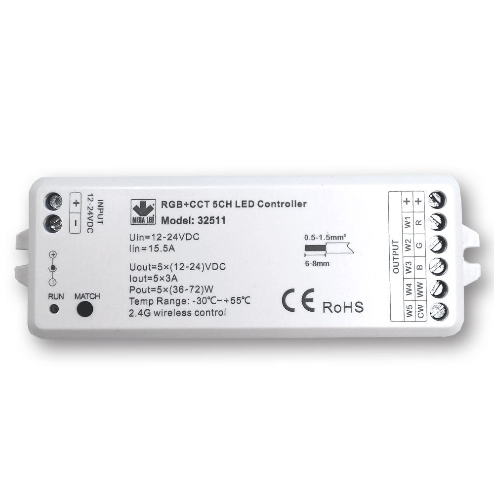 Mega LED - Wireless RF Dimmer Controller - Single Color & RGB+ 2 Whites RF Controller, 5 Channels — Quality Boat Parts