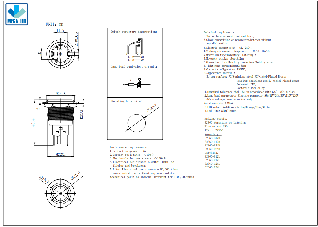 Mega LED - 22MM Push Button - Waterproof IP67, Stainless Steel, Illuminated — Quality Boat Parts