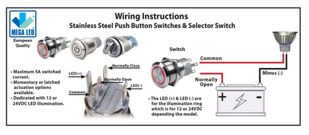 Mega LED - 19MM Push Button - IP67, 5A, Stainless Steel — Quality Boat Parts