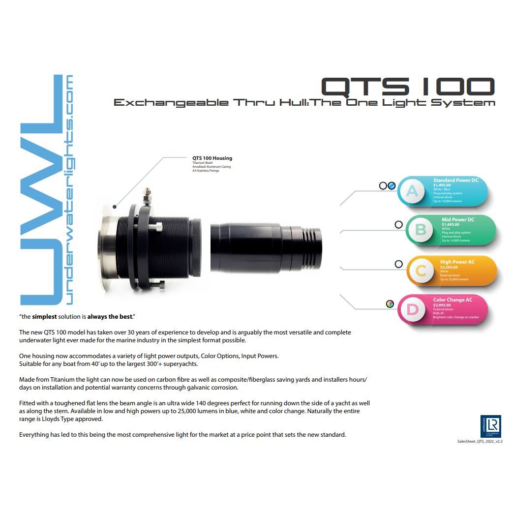 UWL - QTS 100 High Voltage Underwater Light - GRP, Titanium, Flush Mount, 25000Lm — Quality Boat Parts