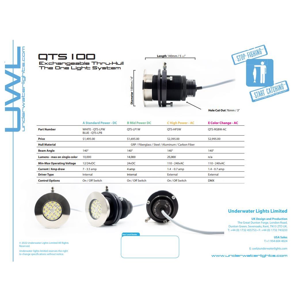 UWL - QTS 100 High Voltage Underwater Light - GRP, Titanium, Flush Mount, 25000Lm — Quality Boat Parts