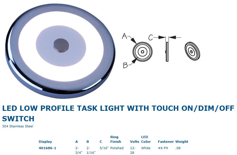 Sea-Dog - LED Low Profile Task Light - Touch On/Off/Dimmer Switch, Stainless Steel, Warm White, 12-28V, 145Lm, 0.19A, IP65 — Quality Boat Parts