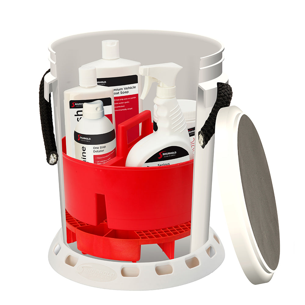 Shurhold - 5 Gallon White Bucket Kit - Includes Bucket, Caddy, Grate Seat, Buff Magic, Pro Polish Brite Wash, SMC Serious Shine — Quality Boat Parts