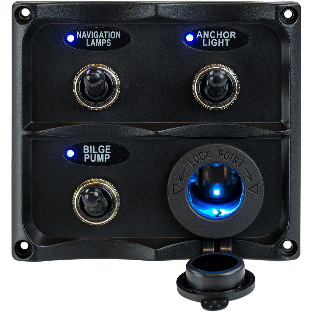 Sea-Dog - Water Resistant Toggle Switch Panel - With LED Power Socket, 3 Toggle — Quality Boat Parts