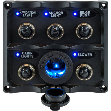 Sea-Dog - Water Resistant Toggle Switch Panel - With LED Power Socket, 5 Toggle — Quality Boat Parts