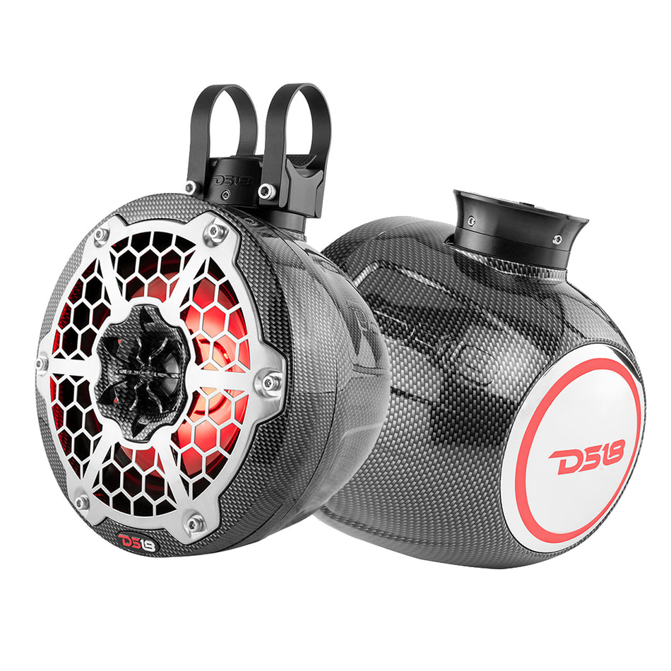 DS18 - HYDRO 6.5" Compact Wakeboard Pod Tower Speaker - With RGB LED Lights, 375W, Black Carbon Fiber — Quality Boat Parts