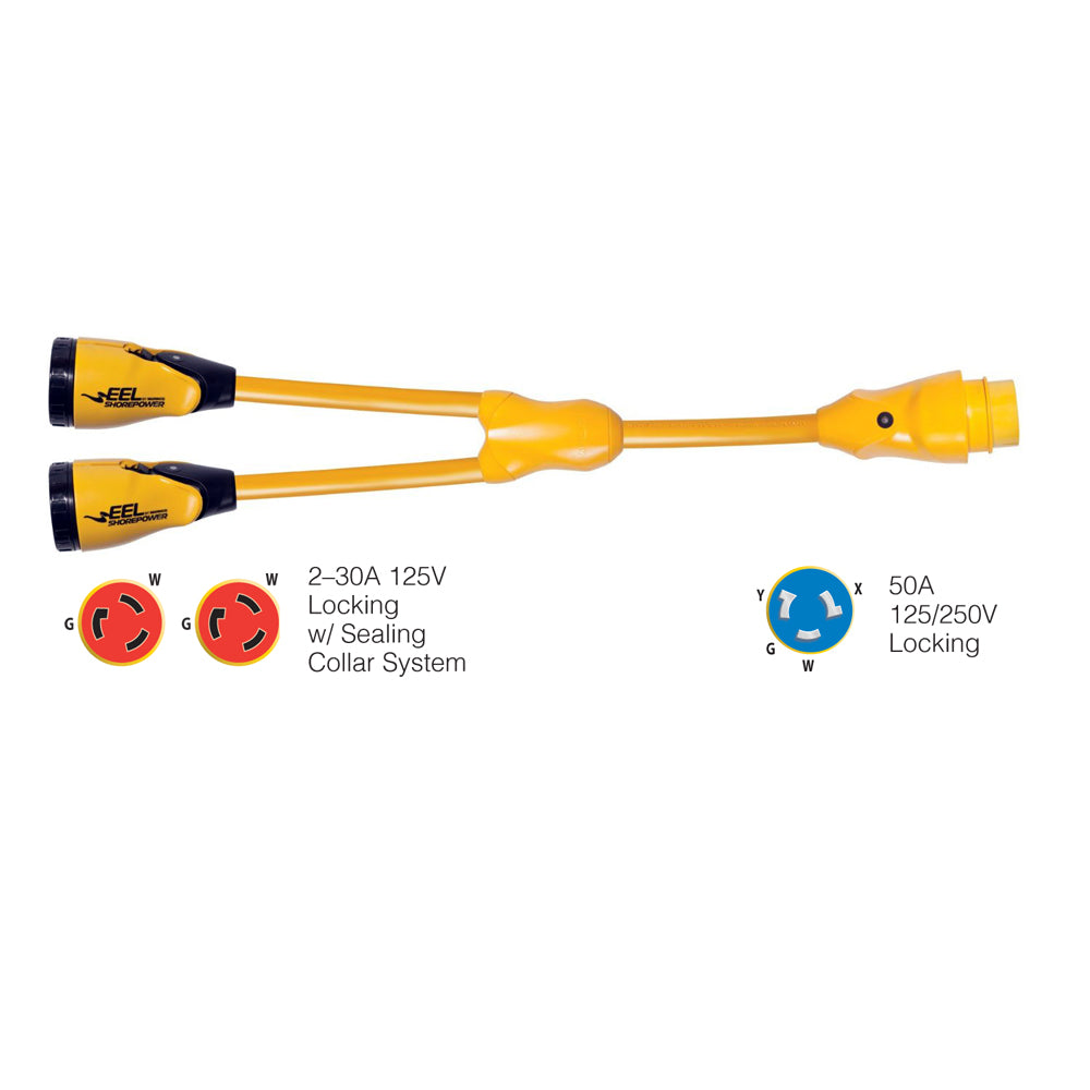 Marinco - Male "Y" Adapter - EEL (2)-30A-125V Female to (1)50A-125/250V Male Adapter, Yellow — Quality Boat Parts