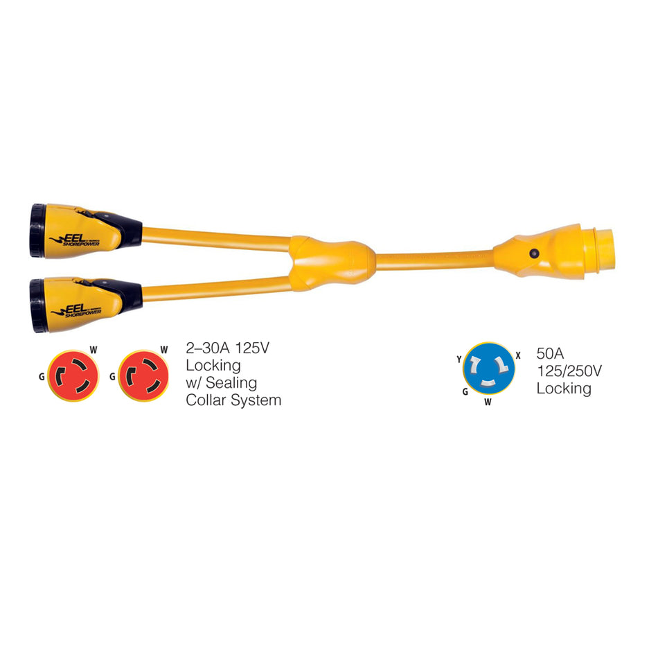 Marinco - Male "Y" Adapter - EEL (2)-30A-125V Female to (1)50A-125/250V Male Adapter, Yellow — Quality Boat Parts