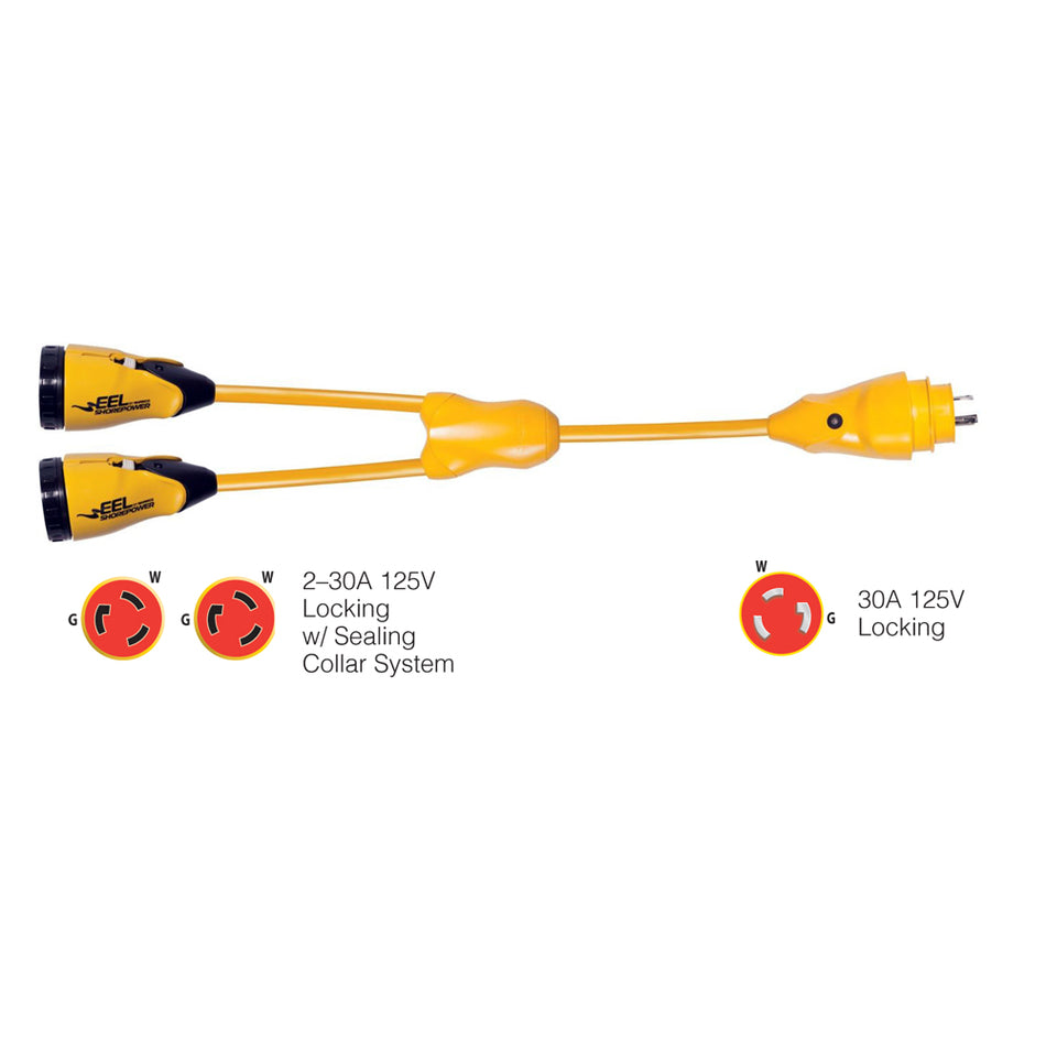 Marinco - Y Adapter - (2) 30A-125V Female to (1) 30A-125V Male Adapter, Yellow — Quality Boat Parts