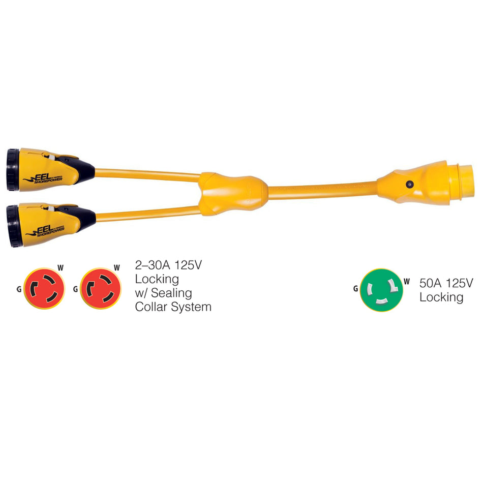 Marinco - Y Adapter - EEL (2)-30A-125V Female to (1)50A-125V Male, Yellow — Quality Boat Parts