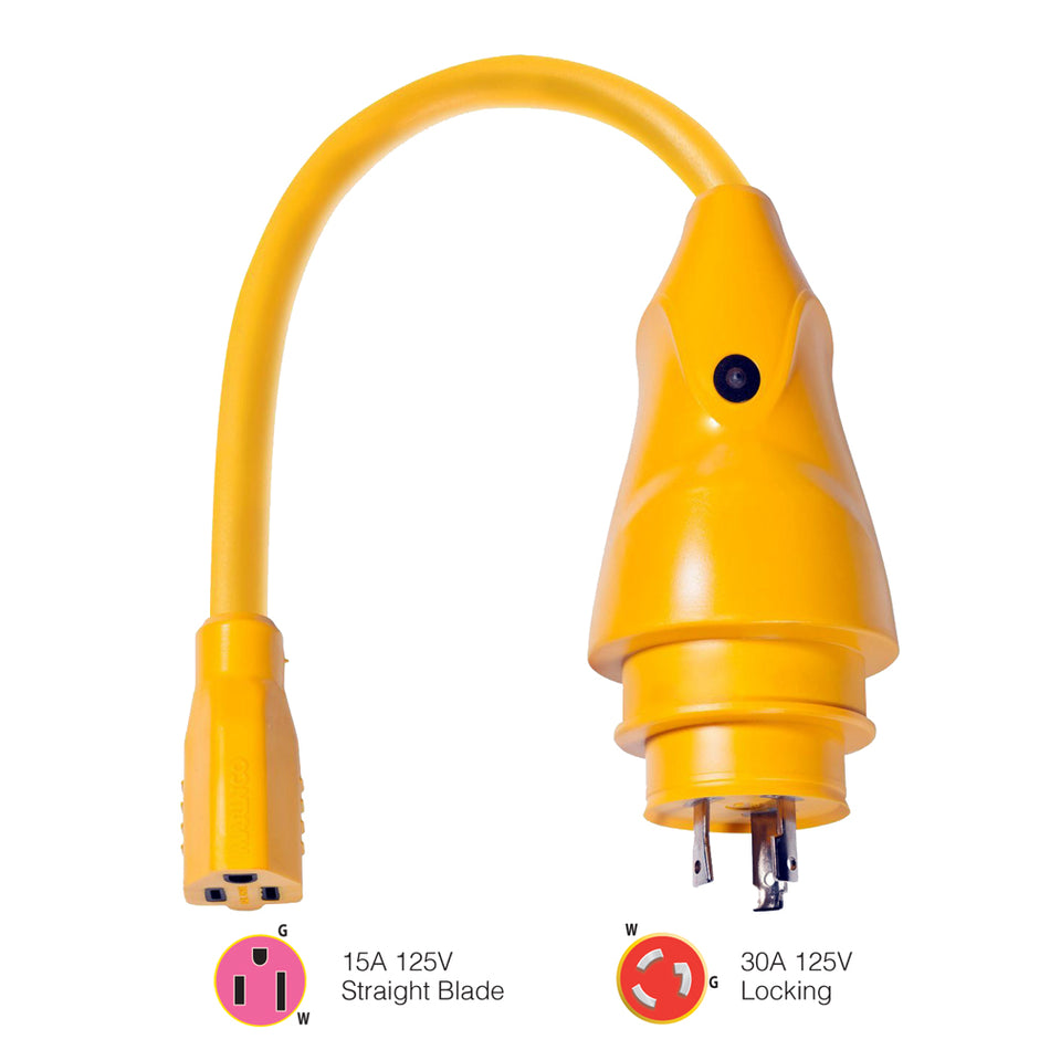 Marinco - P30-15 Male Pigtail Adapter - Yellow, 15A, 125V — Quality Boat Parts