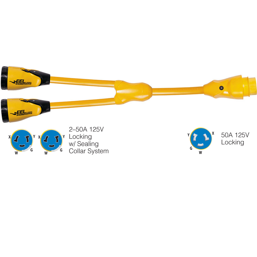 Marinco - Male "Y" Adapter - EEL (2)50A-125/250V Female to (1)50A-125/250V Male, Yellow — Quality Boat Parts