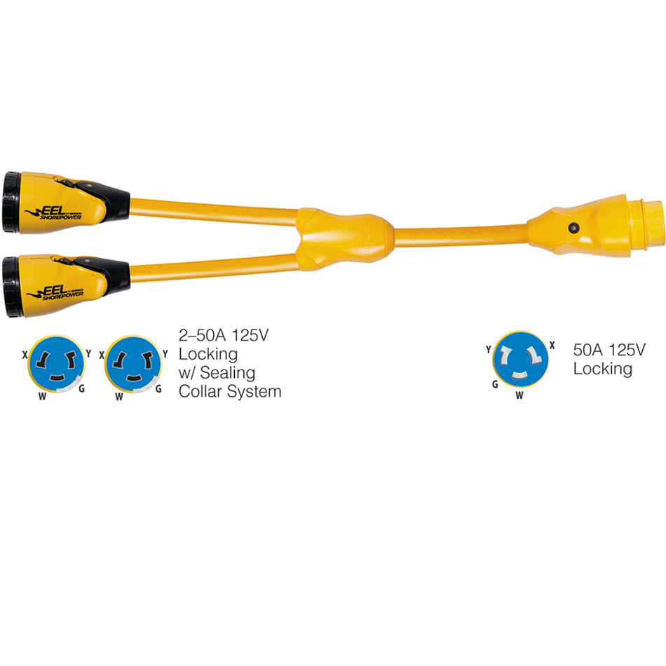 Marinco - Male "Y" Adapter - EEL (2)50A-125/250V Female to (1)50A-125/250V Male, Yellow — Quality Boat Parts