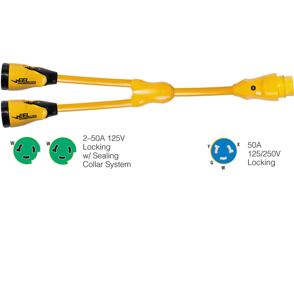 Marinco - Male "Y" Adapter - EEL (2)50A-125V Female to (1)50A-125/250V Male Adapter, Yellow — Quality Boat Parts