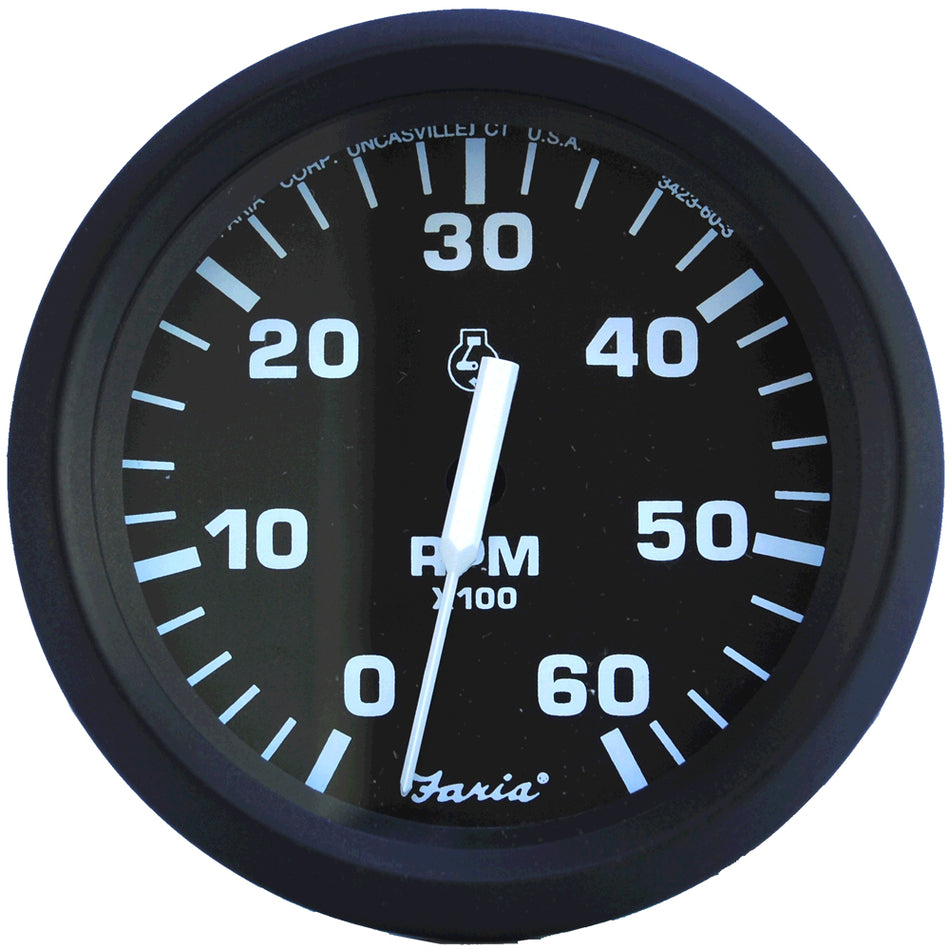Faria Euro Black 4" Tachometer - 6,000 RPM (Gas - Inboard & I/O) 32804 — Quality Boat Parts