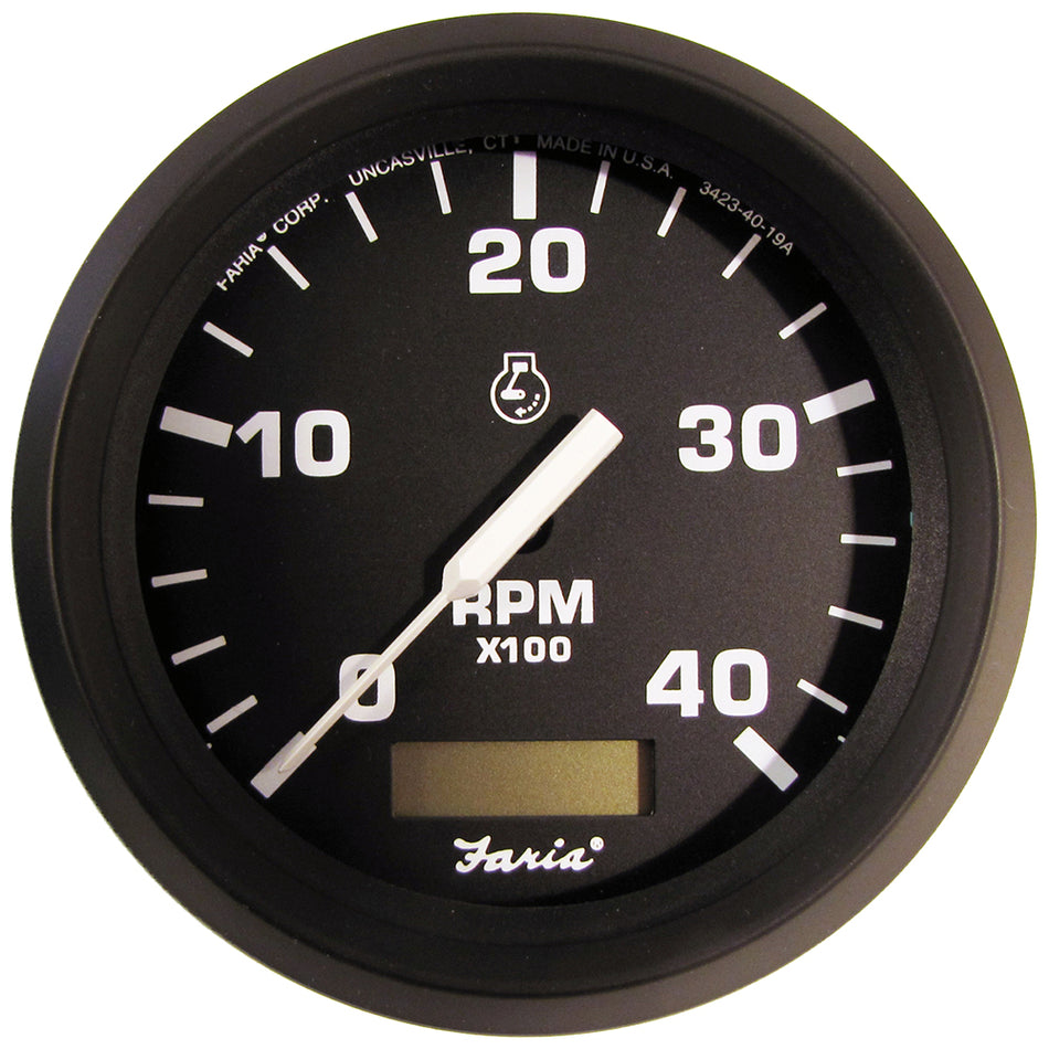 Faria Euro Black 4" Tachometer w/Hourmeter (4000 RPM) (Diesel)(Mech. Takeoff & Var. Ratio Alt.) 32834 — Quality Boat Parts