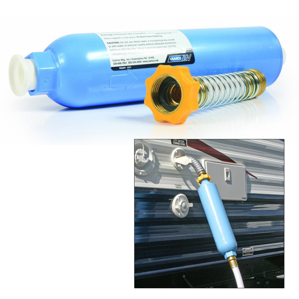 Camco TastePURE KDF/Carbon Water Filter w/Flexible Hose Protector 40043 — Quality Boat Parts