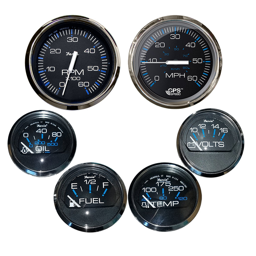 Faria Chesapeake Black w/Stainless Steel Bezel Boxed Set of 6 - Speed, Tach, Fuel Level, Voltmeter, Water Temperature & Oil PSI - Inboard Motors KTF064 — Quality Boat Parts