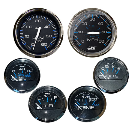 Faria Chesapeake Black w/Stainless Steel Bezel Boxed Set of 6 - Speed, Tach, Fuel Level, Voltmeter, Water Temperature & Oil PSI - Inboard Motors KTF064 — Quality Boat Parts