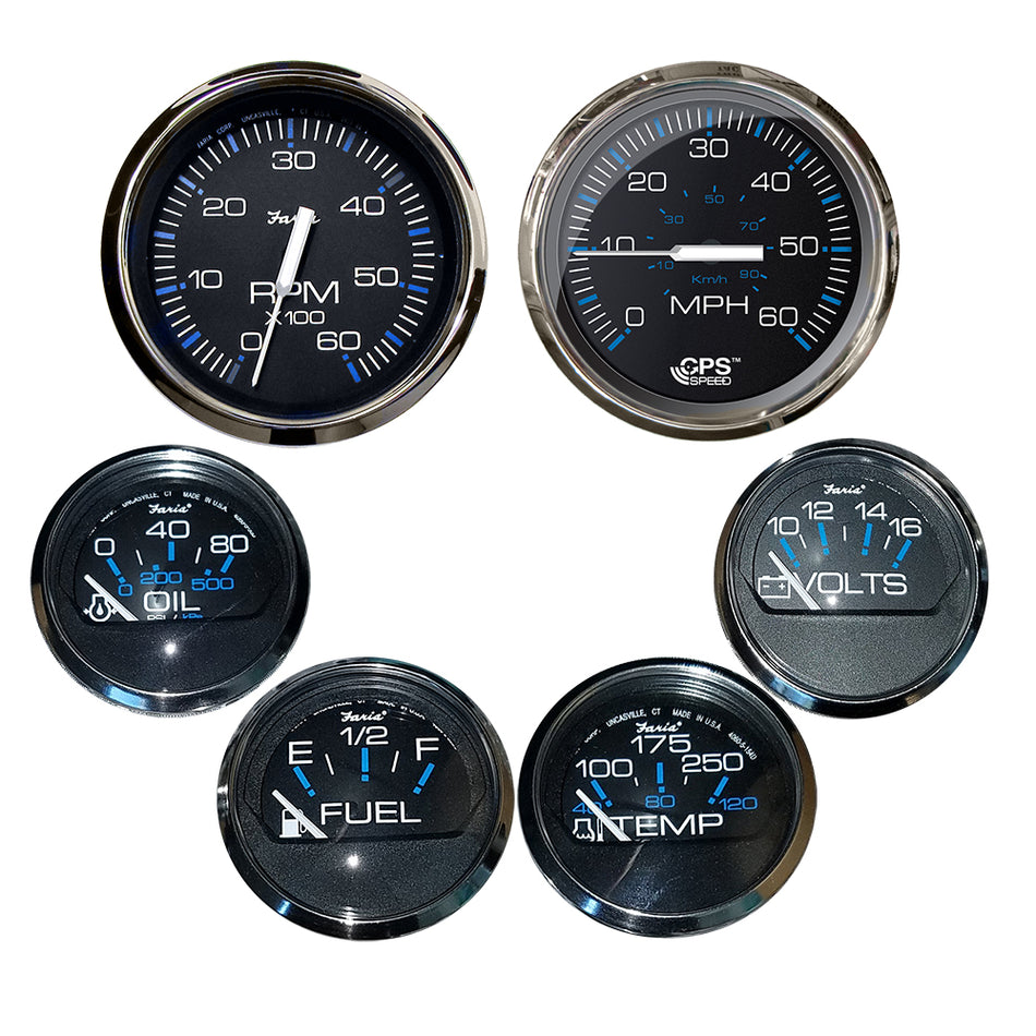 Faria Chesapeake Black w/Stainless Steel Bezel Boxed Set of 6 - Speed, Tach, Fuel Level, Voltmeter, Water Temperature & Oil PSI - Inboard Motors KTF064 — Quality Boat Parts