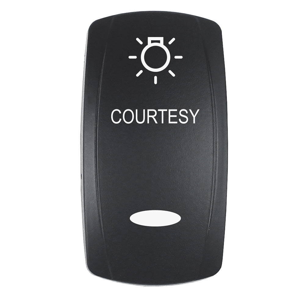 Pacer Actuator - 'COURTESY' f/V Series Contura Switches - Black - Laser Etched (Top/Bottom Light) EV2LE-CTSY — Quality Boat Parts