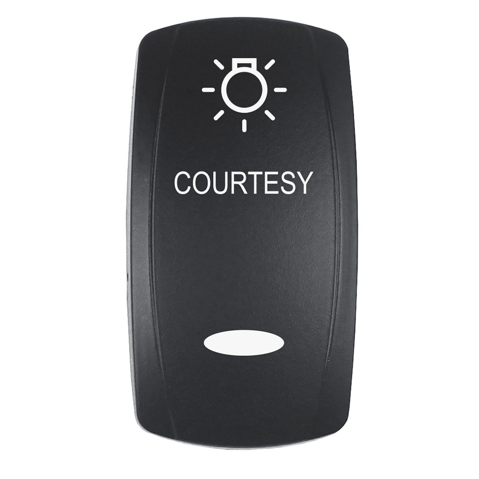 Pacer Actuator - 'COURTESY' f/V Series Contura Switches - Black - Laser Etched (Top/Bottom Light) EV2LE-CTSY — Quality Boat Parts