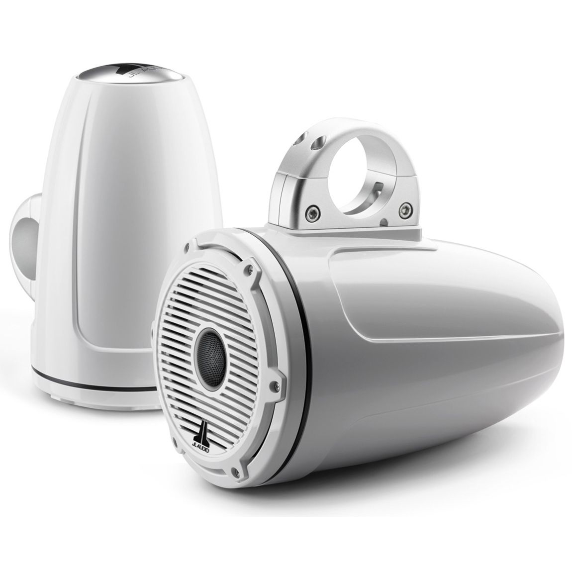 JL Audio M6-770ETXv3 7.7in Enclosed Tower Marine Coaxial Speakers, 100W RMS, 4 Ohm, Pair, Gloss White Enclosure, Gloss White Classic Grille, Black Tweeter Mesh, Mounting Clamps Sold Separately — Quality Boat Parts