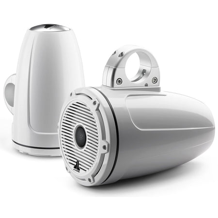 JL Audio M6-770ETXv3 7.7in Enclosed Tower Marine Coaxial Speakers, 100W RMS, 4 Ohm, Pair, Gloss White Enclosure, Gloss White Classic Grille, Black Tweeter Mesh, Mounting Clamps Sold Separately — Quality Boat Parts