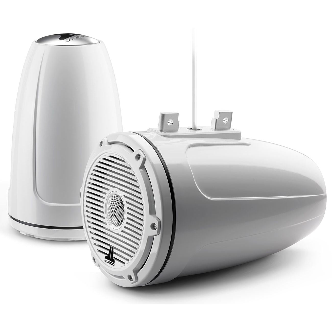 JL Audio M6-770ETXv3 7.7in Enclosed Tower Marine Coaxial Speakers, 100W RMS, 4 Ohm, Pair, Gloss White Enclosure, Gloss White Classic Grille, Black Tweeter Mesh, Mounting Clamps Sold Separately — Quality Boat Parts