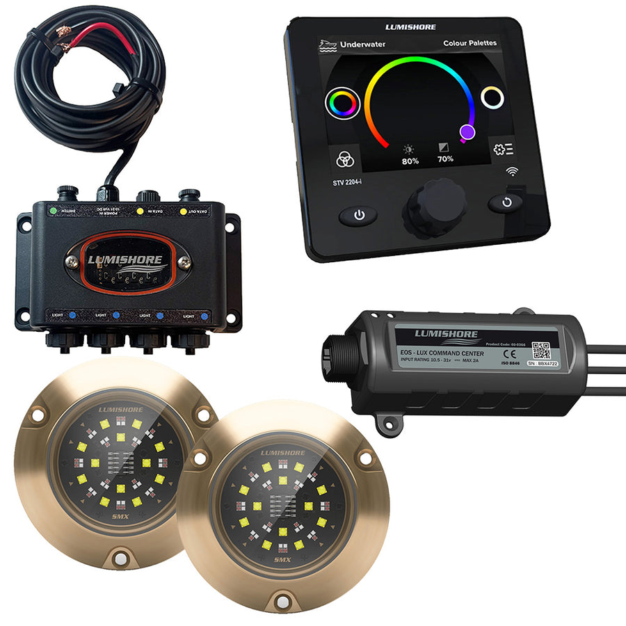 Lumishore LUX SMX154 Surface-Mount Underwater LED Light Kit, 2-Light Set, RGBW, Hub, Display, LUX Command Center, IP68, 7000 Fixture Lumens — Quality Boat Parts