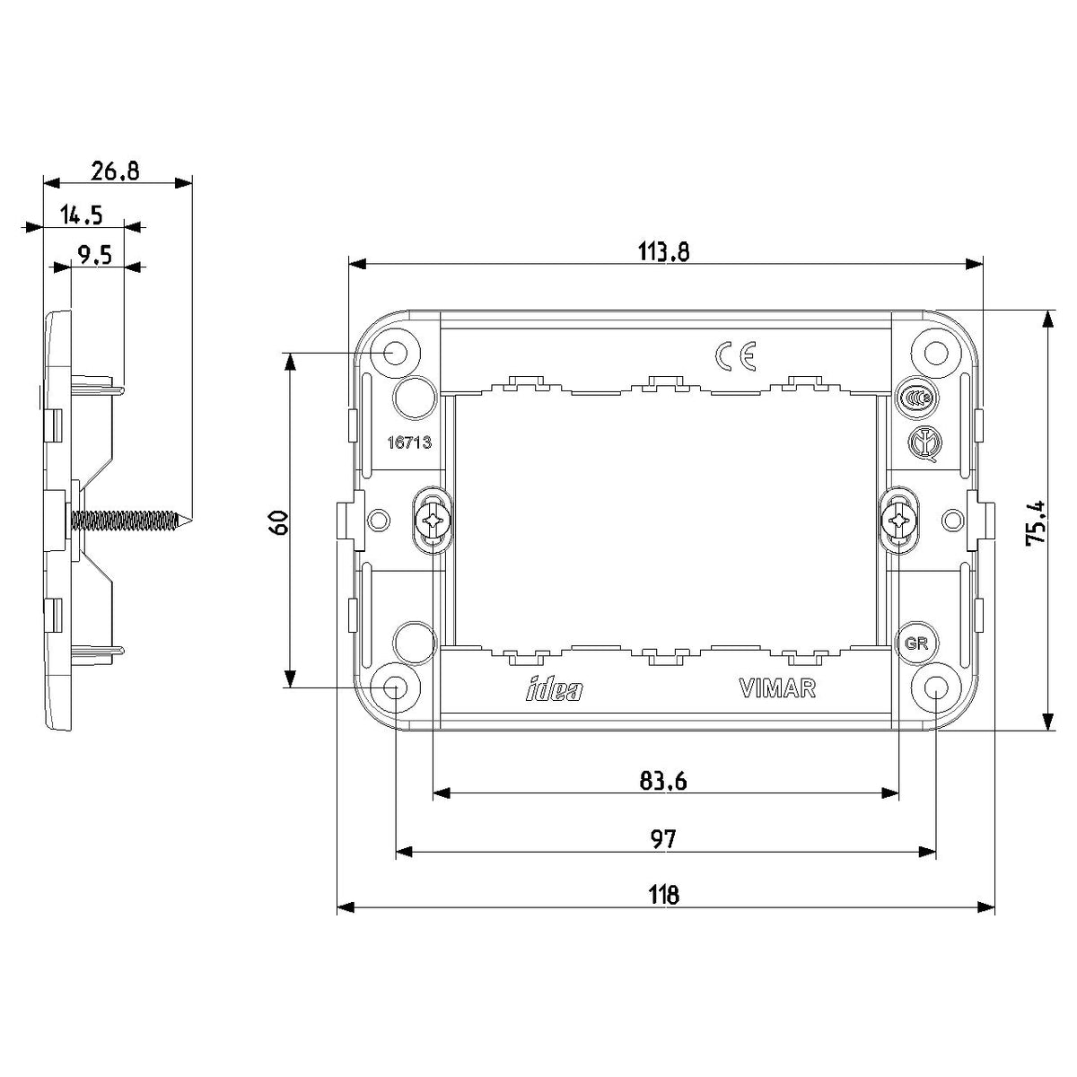 Vimar Idea 3-Module Mounting Frame, With Screws, 60 x 97 mm, Grey — Quality Boat Parts