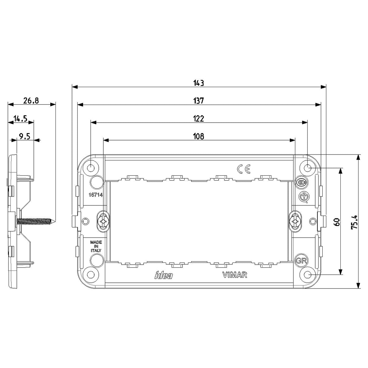 Vimar IDEA 4-Module Mounting Frame, Screws Included, Grey, Thermoplastic — Quality Boat Parts
