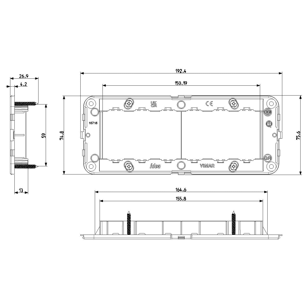 Vimar IDEA 6-Module Mounting Frame, For 6/7-Module Boxes, 60 x 172mm, With Screws, Grey Thermoplastic — Quality Boat Parts