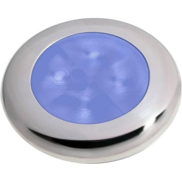 Hella Marine Slim Line Round LED Courtesy Lamp, Blue LED, Chrome Bezel, 12V DC, IP67, 4-LED, 3in Dia, 2in Cutout, 13mm Mounting Depth — Quality Boat Parts