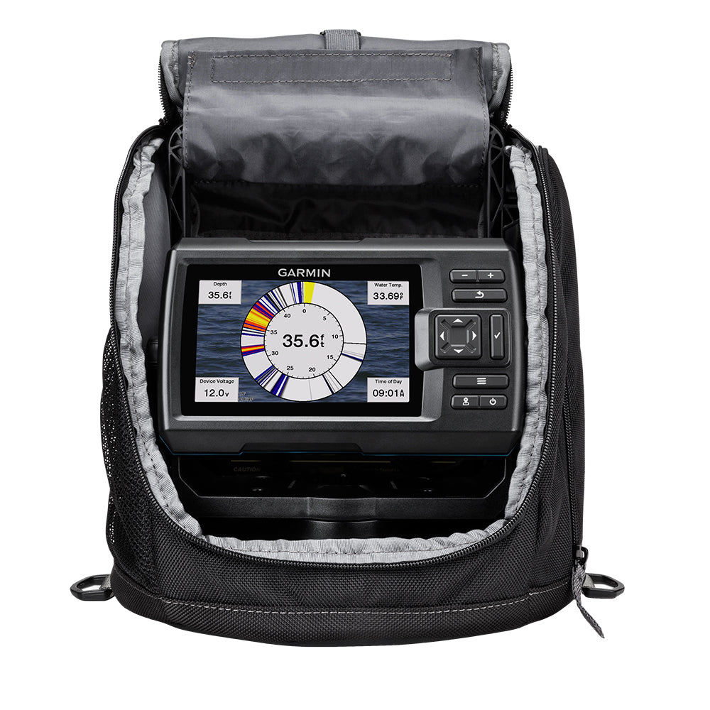 Garmin STRIKER Vivid 5cv Ice Fishing Fishfinder Bundle, 5 in Display, GT8HW-IF CHIRP Traditional Sonar Transducer, Built-In Flasher, GPS, Quickdraw Contours, Lead Acid Battery, Carrying Case — Quality Boat Parts