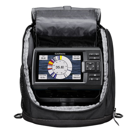Garmin STRIKER Vivid 5cv Ice Fishing Fishfinder Bundle, 5 in Display, GT8HW-IF CHIRP Traditional Sonar Transducer, Built-In Flasher, GPS, Quickdraw Contours, Lead Acid Battery, Carrying Case — Quality Boat Parts