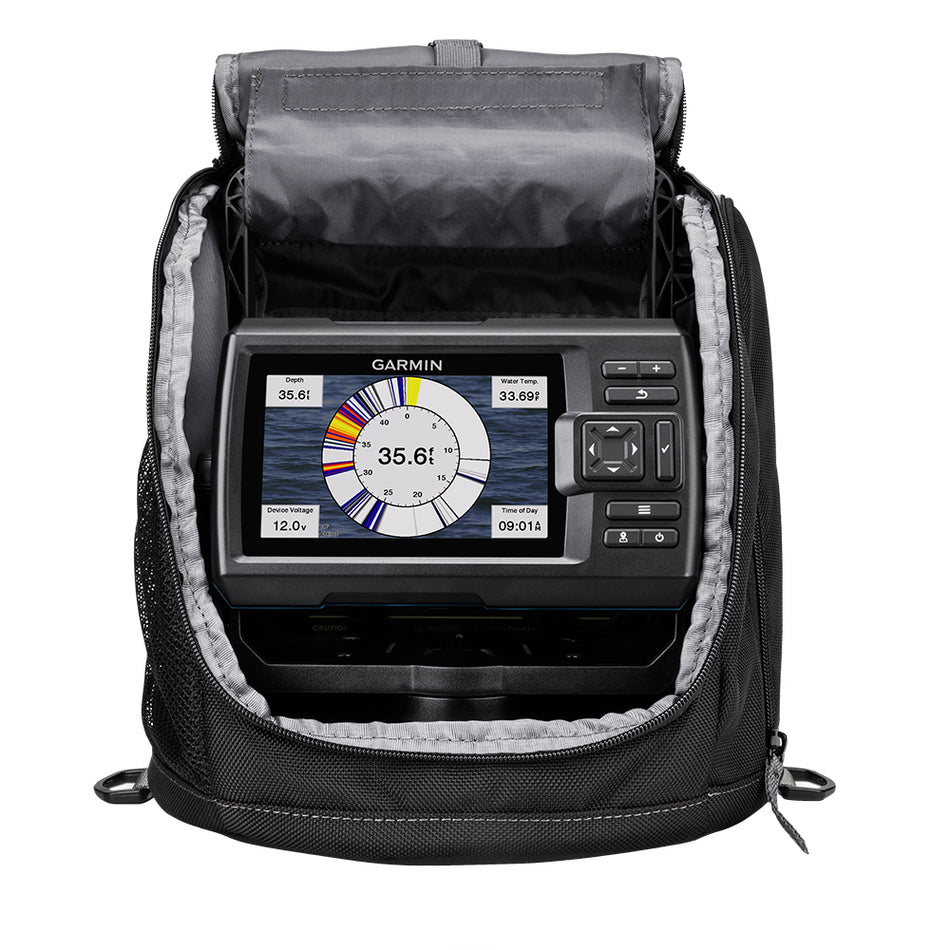 Garmin STRIKER Vivid 5cv Ice Fishing Fishfinder Bundle, 5 in Display, GT8HW-IF CHIRP Traditional Sonar Transducer, Built-In Flasher, GPS, Quickdraw Contours, Lead Acid Battery, Carrying Case — Quality Boat Parts