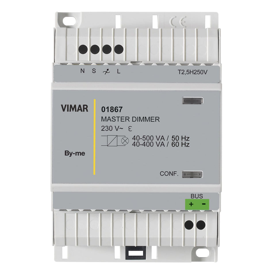 Vimar By-me Plus DIN-Rail MASTER Dimmer, For Dimmable Electronic Transformers, 230V, 40-500 VA at 50 Hz, 40-400 VA at 60 Hz, 4-Module Width, MOSFET, Protection Fuse — Quality Boat Parts