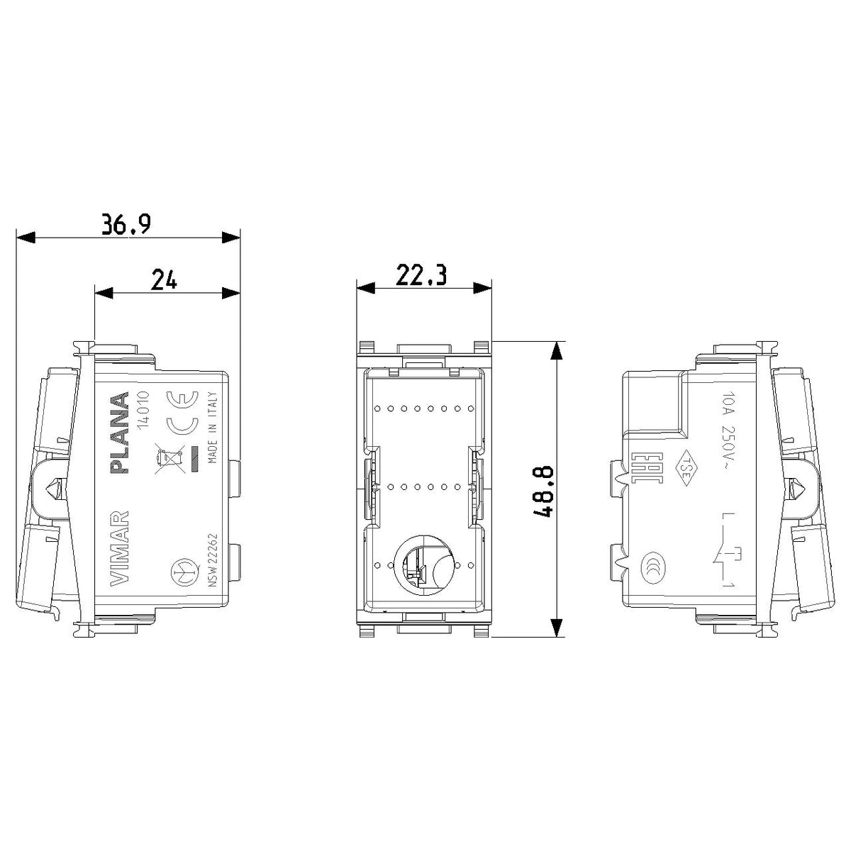 Vimar Plana 1P NC Pushbutton Mechanism, 10A 250V, Lightable, IP40 — Quality Boat Parts