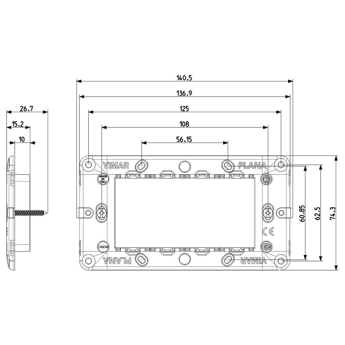 Vimar Plana 4-Module Mounting Frame, With Screws, Flush Mount, Front-Side Module Inserts, Horizontal/Vertical Mounting, Thermoplastic — Quality Boat Parts