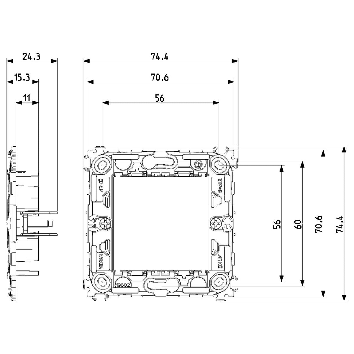 Vimar ARKÉ 2-Module Mounting Frame, For 60 mm Round Boxes, 71 mm Centers, Claw Mount — Quality Boat Parts