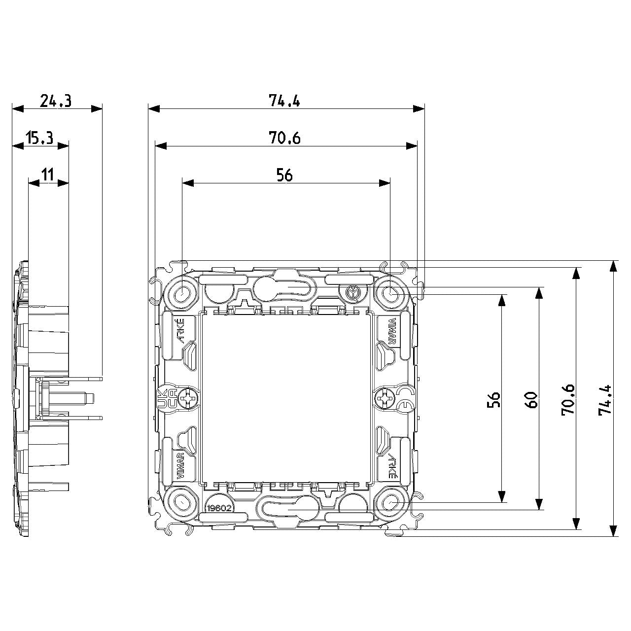 Vimar ARKÉ 2-Module Mounting Frame, For 60 mm Round Boxes, 71 mm Centers, Claw Mount — Quality Boat Parts