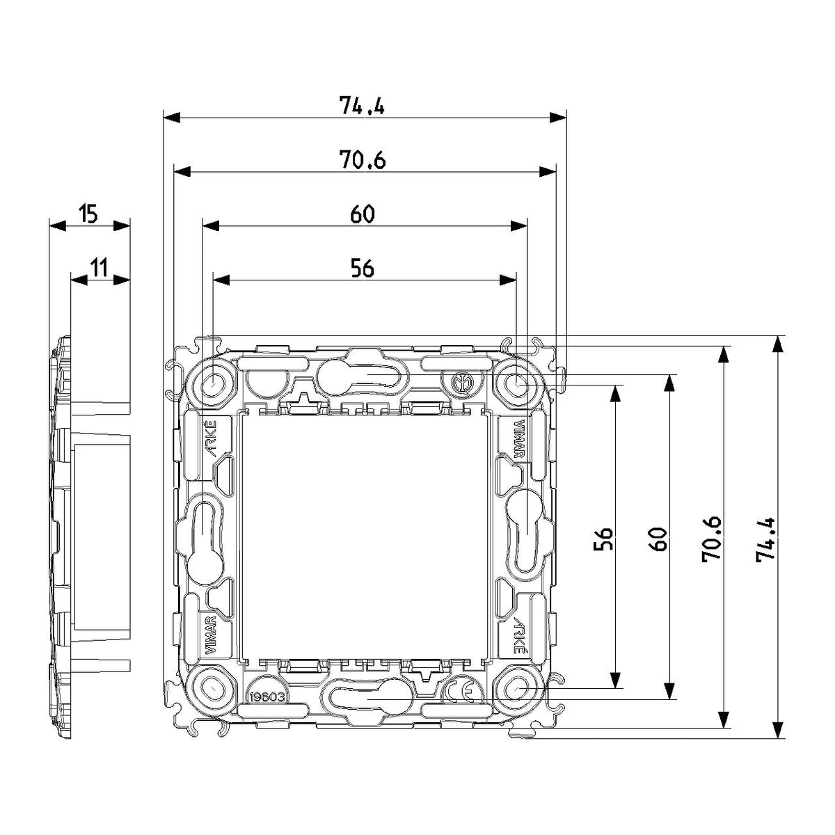 Vimar Arké 2-Module Mounting Frame, For 60 mm Fixing Centers or 56x56 mm Box, 71 mm Center Distance, Without Screws, Transparent Thermoplastic — Quality Boat Parts