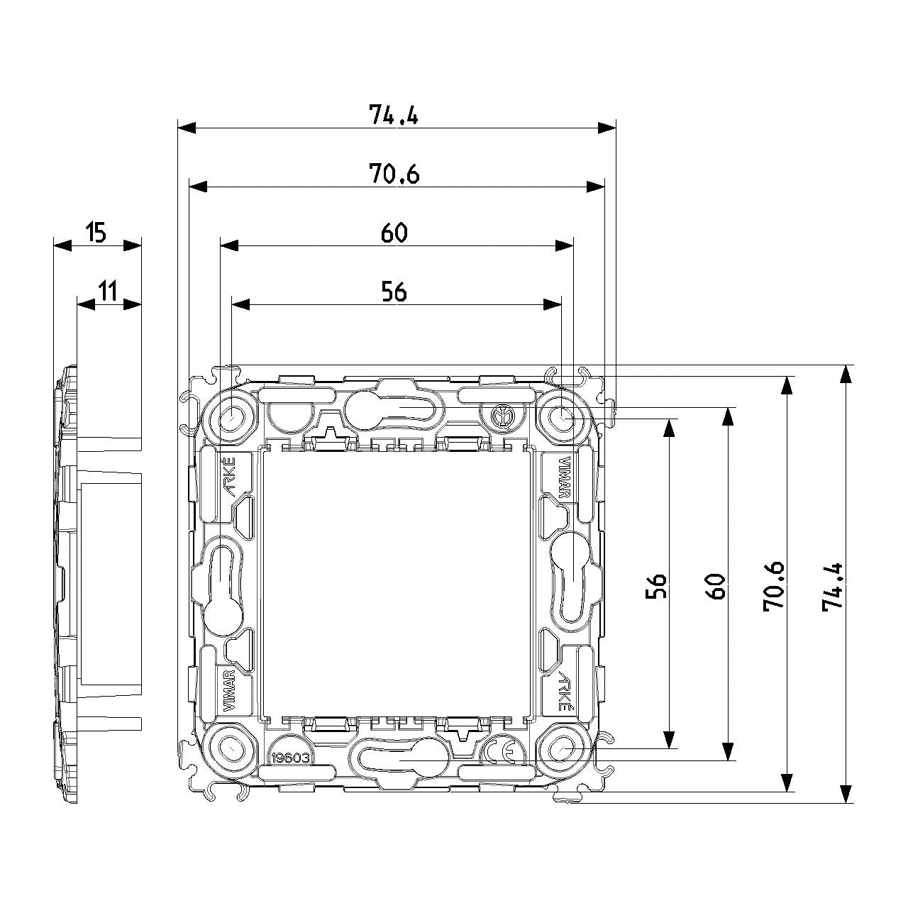 Vimar Arké 2-Module Mounting Frame, For 60 mm Fixing Centers or 56x56 mm Box, 71 mm Center Distance, Without Screws, Transparent Thermoplastic — Quality Boat Parts