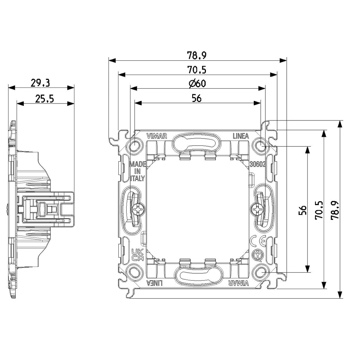 Vimar LINEA 2-Module Mounting Frame, With Claws, For 60 mm Round Flush-Mount Box, 71 mm Center Distance, Thermoplastic — Quality Boat Parts