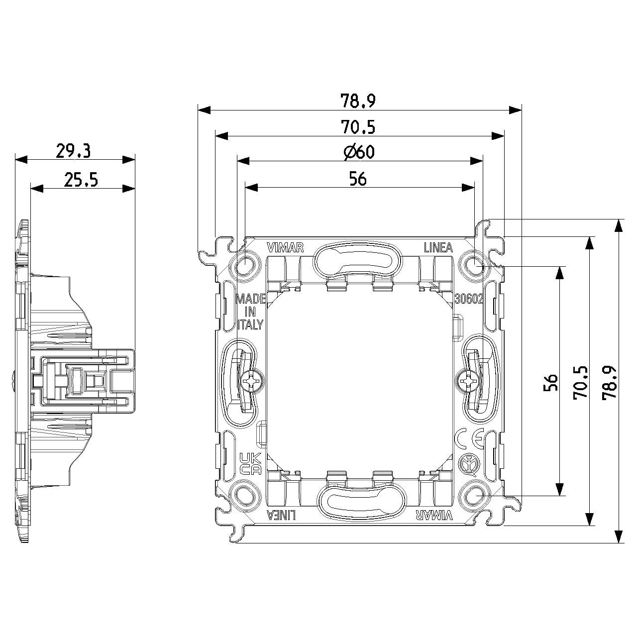Vimar LINEA 2-Module Mounting Frame, With Claws, For 60 mm Round Flush-Mount Box, 71 mm Center Distance, Thermoplastic — Quality Boat Parts