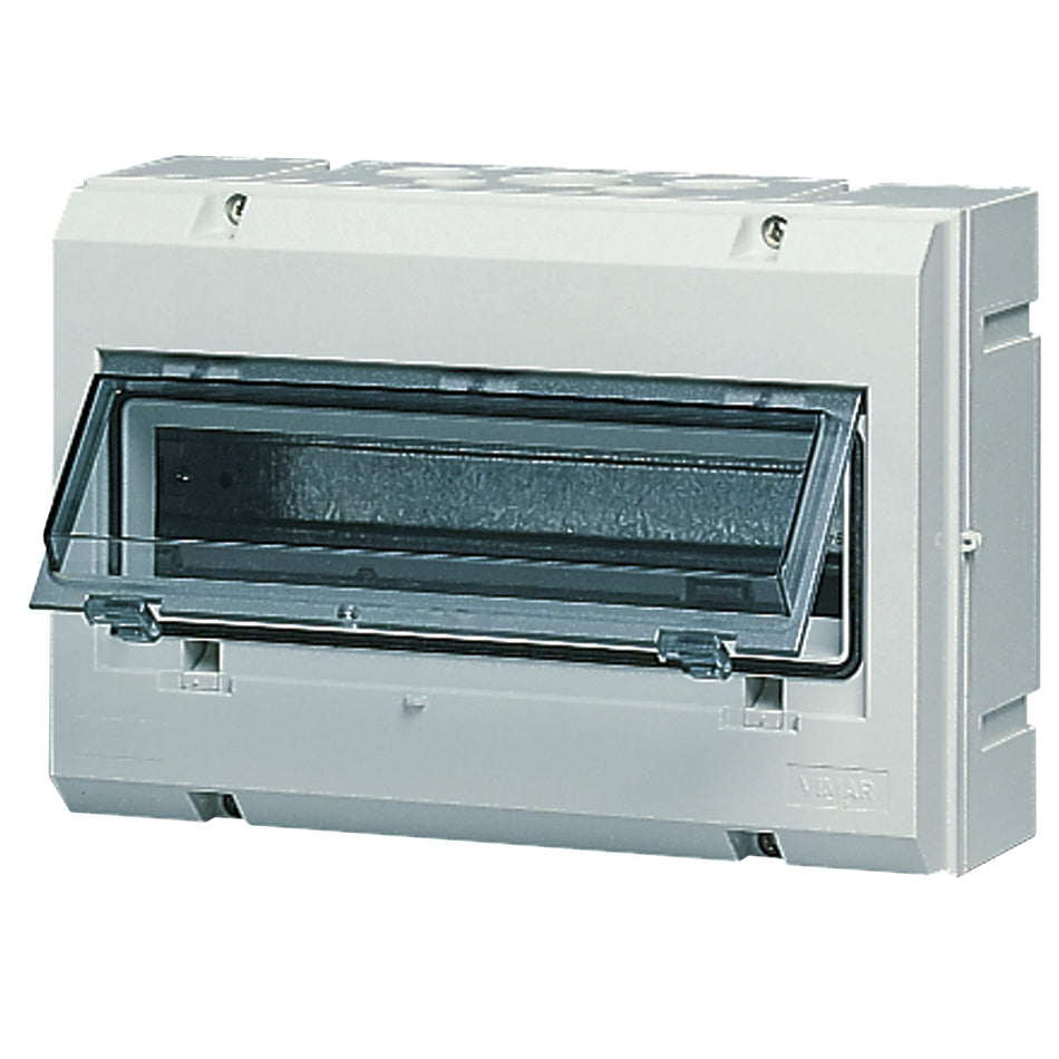 Vimar Surface-Mount Consumer Unit Enclosure, IP55, 12+1 Modules, Horizontally Hinged Transparent Door, DIN Rail — Quality Boat Parts